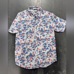 Columbia Men's Medium Button Down Shirt Lighthouse Sailboat Print Blue Red
